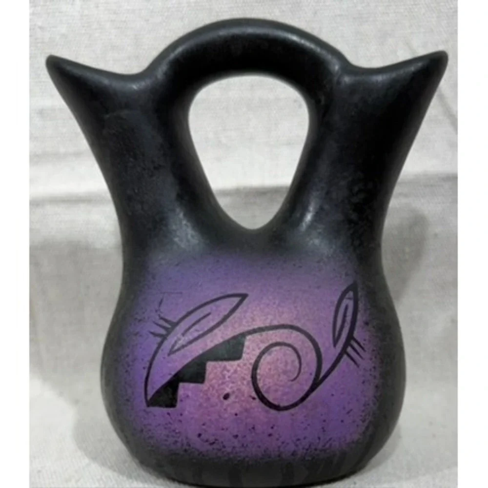 Navajo Black ware Wedding Vase Hand Painted Purple Night Scene Signed 5.5